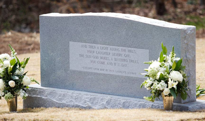 The gravemarker that was used during the reinternment ceremony in March 2017. Many African American activists and some historians took offense that the ceremony never mentioned the history of slavery. 